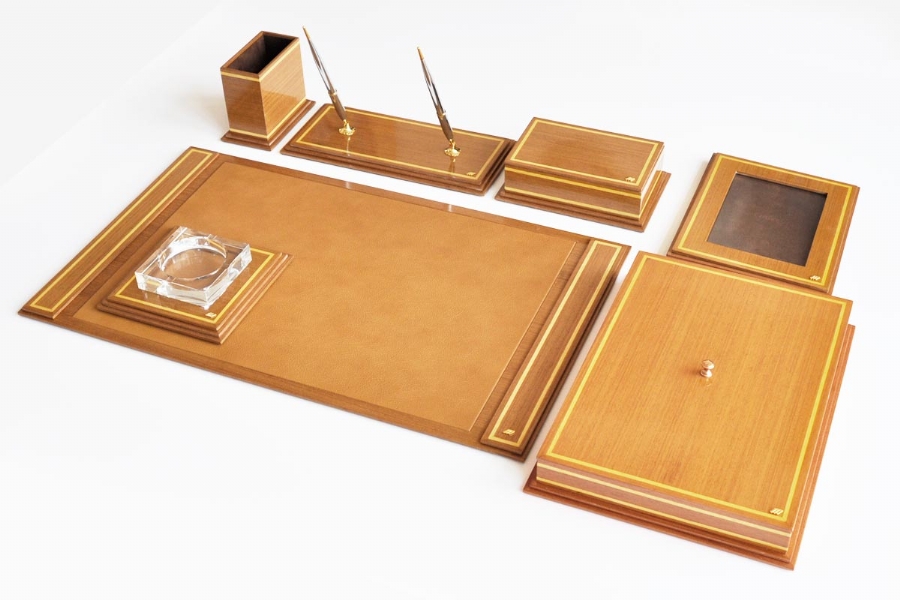 TABAC Wooden Luxury Leather Desk Set (mustard-oak) - 70032 Leather And Wood  Office Desk Set