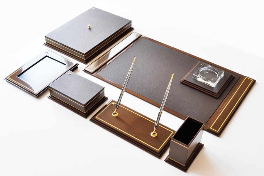TABAC Wooden Luxury Leather Desk Set (dark Brown-venge) - 7003985 Leather  And Wood Office Desk Set