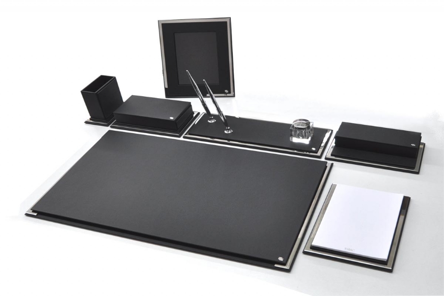 Tabac Crom And Leather Deskset Smart, Black Leather Desk Set